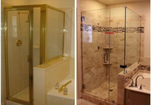 Before and after bathroom remodel showing improvement in design and property value